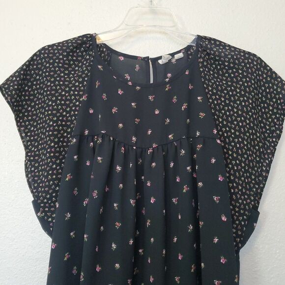 Gap Womens Top Black Pink Floral Short Flutter Sleeve Chiffon Blouse Boho Size L - Picture 2 of 16